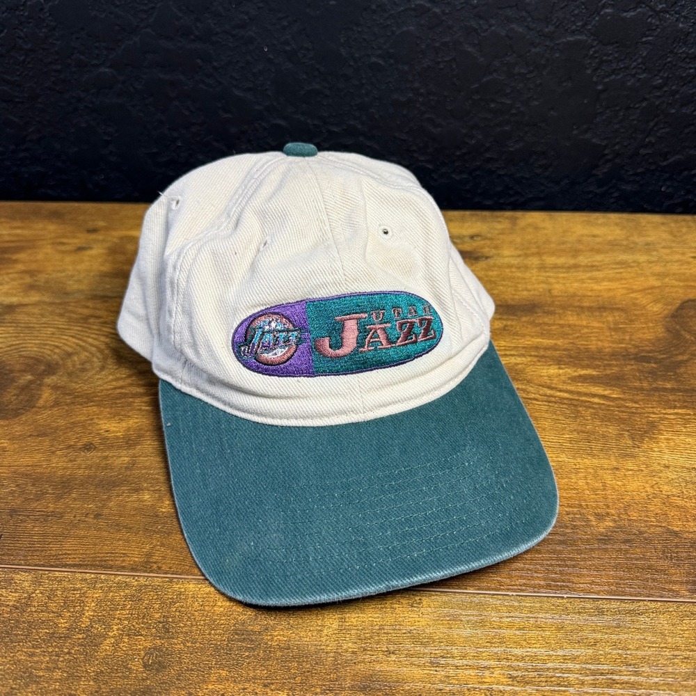 Utah Jazz NBA Vintage Cream Teal Cotton Twill Adjustable Strapback Hat Mens OSFM
